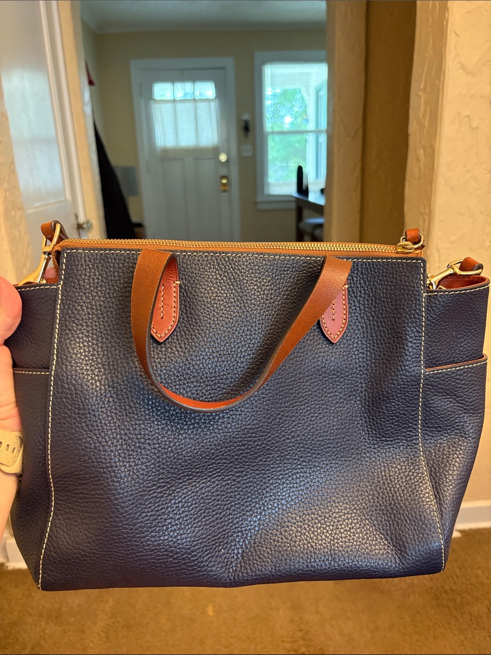 Dooney & Bourke Navy Pebble Leather Tote with Brown Trim and Adjustable Strap - Picture 3 of 6